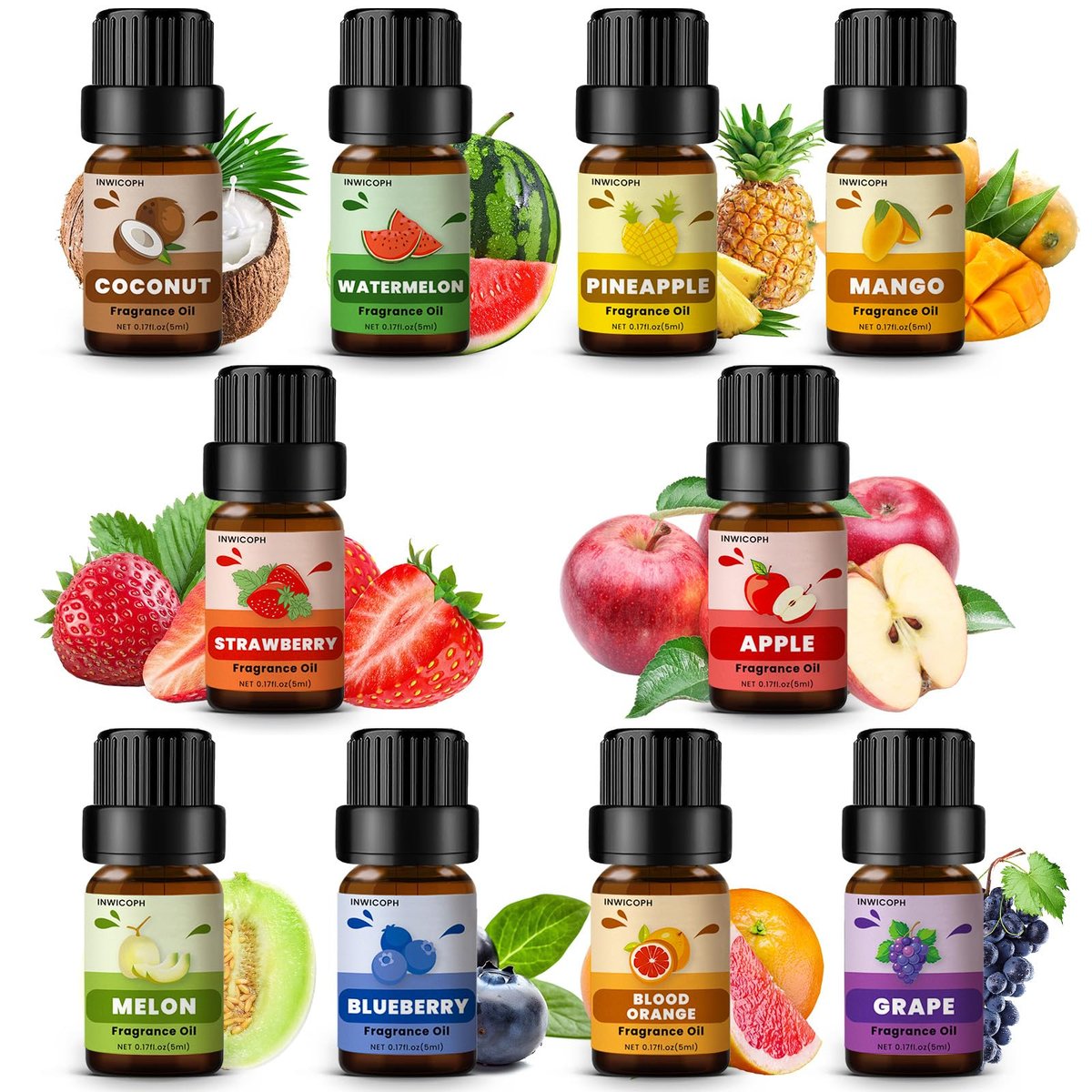 Fruchtiger Duftöl-Set für Kerzen- und Seifenherstellung, INWICOPH Premium Duftöle 5ml x 10 - Blaubeere, Erdbeere, Mango, Blutorange, Duftöl-Diffuser für Zuhause