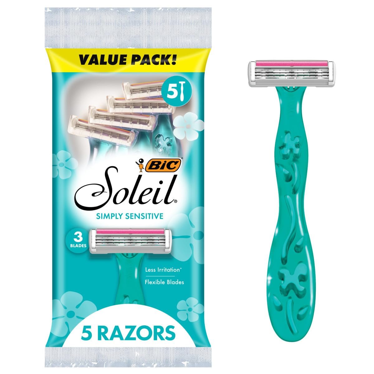 BIC Soleil 3 Damen Einwegrasierer mit 3 Klingen, Feuchtigkeitsstreifen und floralen Griffen, 5er-Pack
