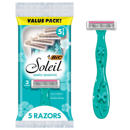 BIC Soleil 3 Damen Einwegrasierer mit 3 Klingen, Feuchtigkeitsstreifen und floralen Griffen, 5er-Pack