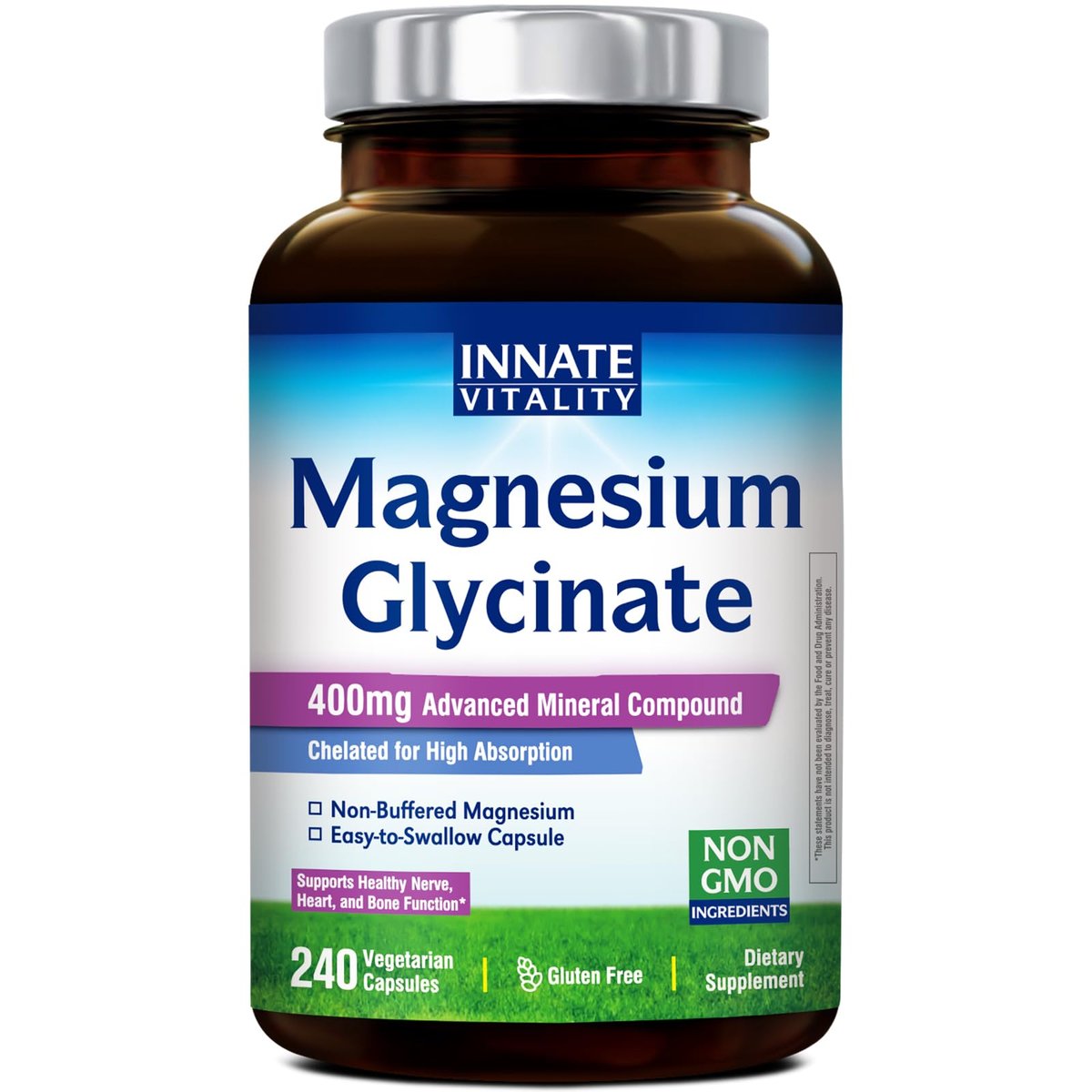 Innate Vitality Magnesium Glycinat 400mg – Hochdosiert, nicht gepuffert, für Schlaf, Entspannung, Herz- und Knochengesundheit – 240 vegane Kapseln für Männer und Frauen