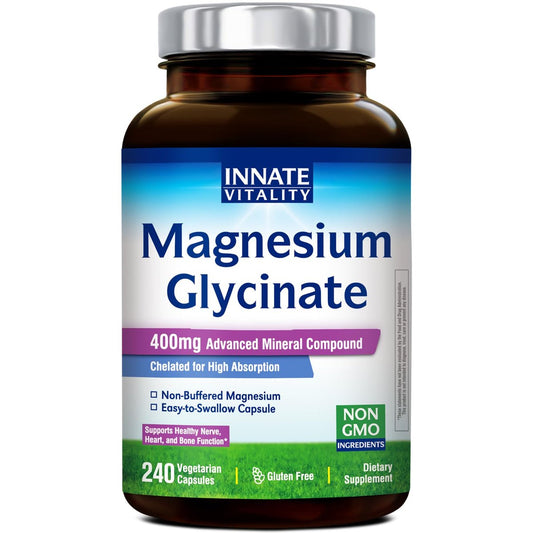 Innate Vitality Magnesium Glycinat 400mg – Hochdosiert, nicht gepuffert, für Schlaf, Entspannung, Herz- und Knochengesundheit – 240 vegane Kapseln für Männer und Frauen