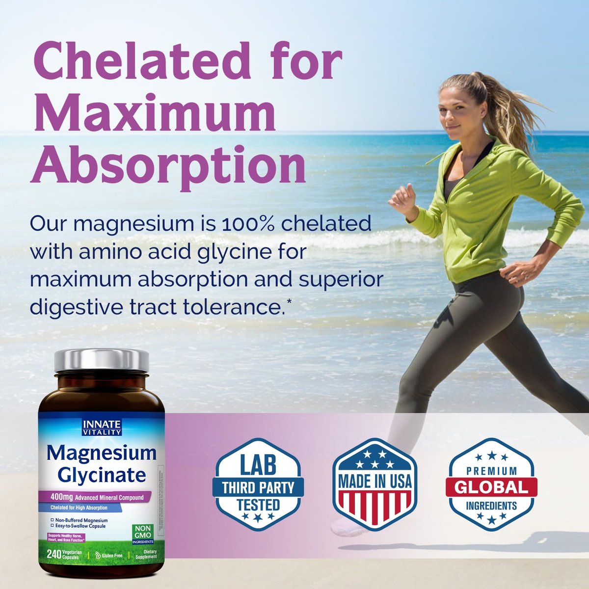 Innate Vitality Magnesium Glycinat 400mg – Hochdosiert, nicht gepuffert, für Schlaf, Entspannung, Herz- und Knochengesundheit – 240 vegane Kapseln für Männer und Frauen