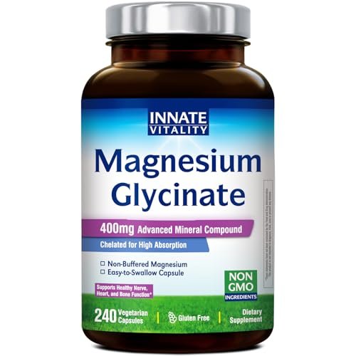 Innate Vitality Magnesium Glycinat 400mg – Hochdosiert, nicht gepuffert, für Schlaf, Entspannung, Herz- und Knochengesundheit – 240 vegane Kapseln für Männer und Frauen