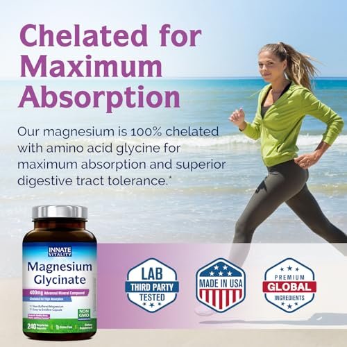 Innate Vitality Magnesium Glycinat 400mg – Hochdosiert, nicht gepuffert, für Schlaf, Entspannung, Herz- und Knochengesundheit – 240 vegane Kapseln für Männer und Frauen