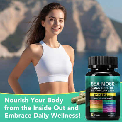 Sea Moss, Schwarzkümmelöl, Ashwagandha, Ingwer Kapseln mit Kurkuma, Klettenwurzel, Blasentang, Vitamin C, Vitamin D3 – 60 Kapseln
