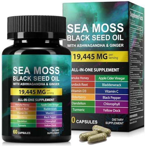 Sea Moss, Schwarzkümmelöl, Ashwagandha, Ingwer Kapseln mit Kurkuma, Klettenwurzel, Blasentang, Vitamin C, Vitamin D3 – 60 Kapseln