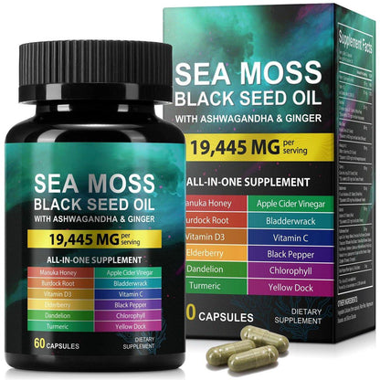 Sea Moss, Schwarzkümmelöl, Ashwagandha, Ingwer Kapseln mit Kurkuma, Klettenwurzel, Blasentang, Vitamin C, Vitamin D3 – 60 Kapseln