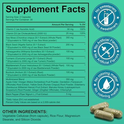 Sea Moss, Schwarzkümmelöl, Ashwagandha, Ingwer Kapseln mit Kurkuma, Klettenwurzel, Blasentang, Vitamin C, Vitamin D3 – 60 Kapseln