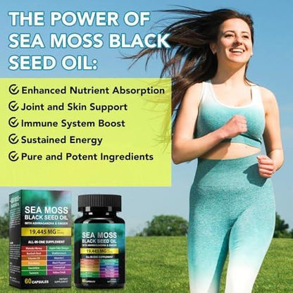 Sea Moss, Schwarzkümmelöl, Ashwagandha, Ingwer Kapseln mit Kurkuma, Klettenwurzel, Blasentang, Vitamin C, Vitamin D3 – 60 Kapseln