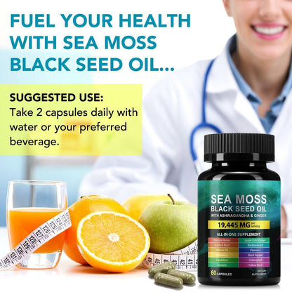 Sea Moss, Schwarzkümmelöl, Ashwagandha, Ingwer Kapseln mit Kurkuma, Klettenwurzel, Blasentang, Vitamin C, Vitamin D3 – 60 Kapseln