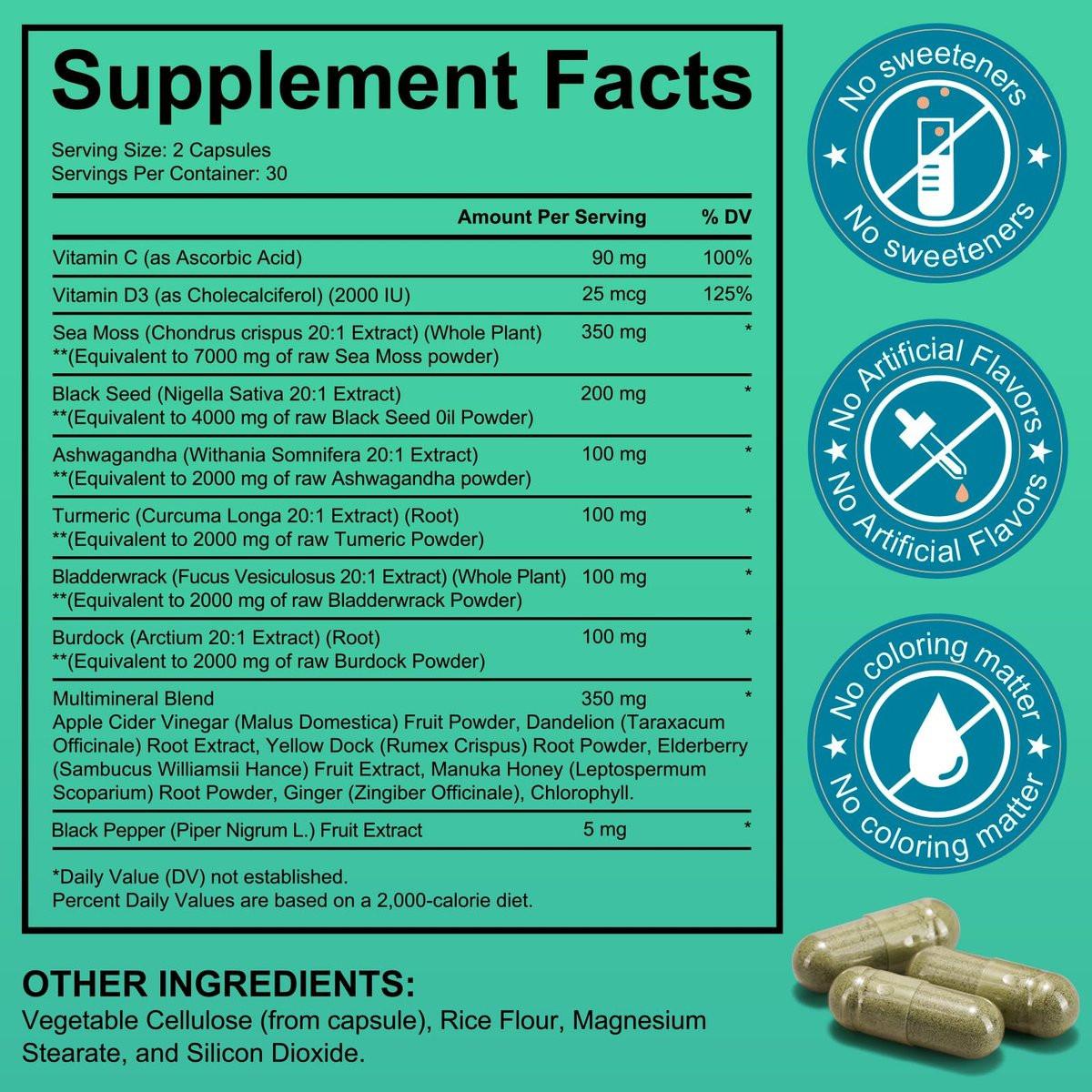 Sea Moss, Schwarzkümmelöl, Ashwagandha, Ingwer Kapseln mit Kurkuma, Klettenwurzel, Blasentang, Vitamin C, Vitamin D3 – 60 Kapseln