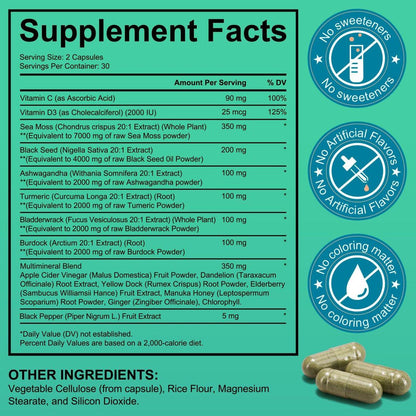 Sea Moss, Schwarzkümmelöl, Ashwagandha, Ingwer Kapseln mit Kurkuma, Klettenwurzel, Blasentang, Vitamin C, Vitamin D3 – 60 Kapseln