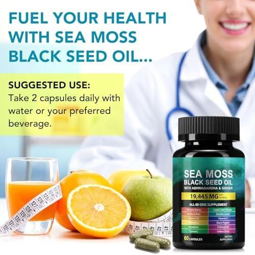 Sea Moss, Schwarzkümmelöl, Ashwagandha, Ingwer Kapseln mit Kurkuma, Klettenwurzel, Blasentang, Vitamin C, Vitamin D3 – 60 Kapseln