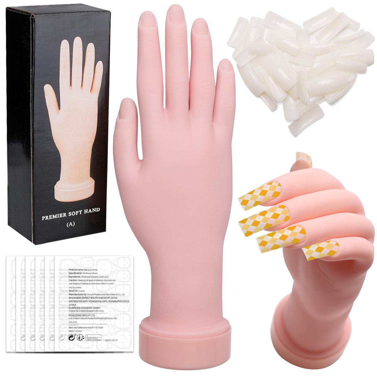 Zhaoyao Übungshand für Acrylnägel, flexibel und biegsam, Nagelübungshand für Anfänger mit 100 Nageltipps & 192 Jelly-Klebern, Silikon-Maniküre-Trainingsset für Nagelkunst