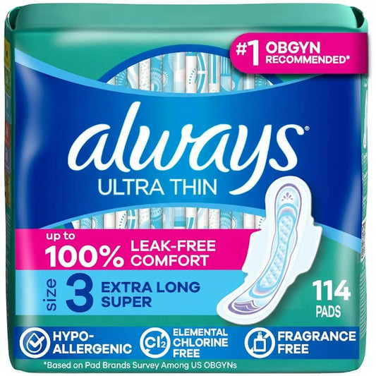 Always Ultra Thin, Größe 3, Extra Stark, Saugfähig, Multipack, mit Flügeln, unparfümiert, 38 Stück x 3 Packungen (114 Stück insgesamt)