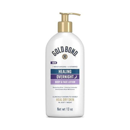 Gold Bond Healing Overnight Body & Face Lotion für trockene Haut, nicht fettender Feuchtigkeitsspender mit Hyaluronsäure, Aloe & Melatonin, 13 oz.