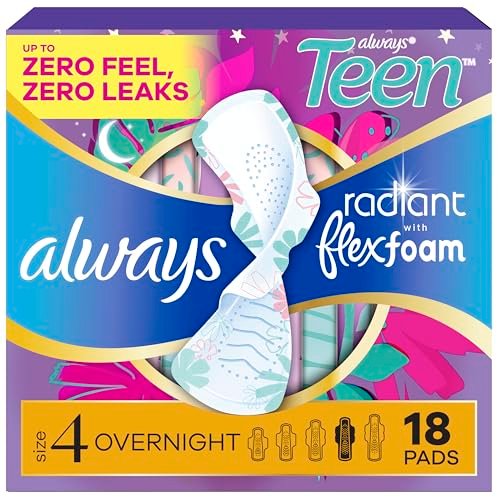Always Radiant Teen mit FlexFoam-Pads, Größe 4, Über-Nacht-Saugfähigkeit, mit Flügeln, unparfümiert, bis zu Null Auslaufen, Null-Gefühl-Schutz, 18 Stück