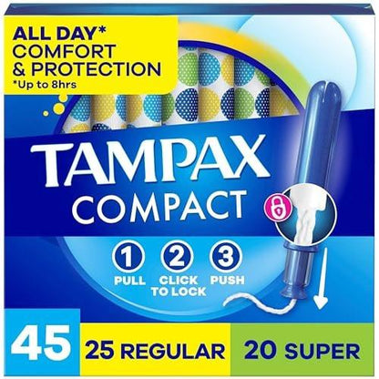 Tampax Compact Pearl Tampons für Frauen Multipack, mit LeakGuard Geflecht & ausziehbarer Applikator, Regular/Super Saugfähigkeit, kompakter ausziehbarer Applikator, ohne Duft, 45 Stück