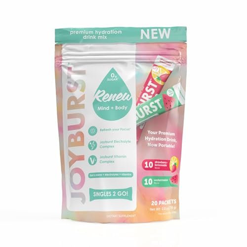 Joyburst Zuckerfreie Elektrolyte Pulverbeutel, Instant Hydration Drink Mix Sticks, Sortenpackung (10 Wassermelone, 10 Erdbeer-Limonade), zur Rehydrierung unterwegs, Bio, natürlich, keto-freundlich