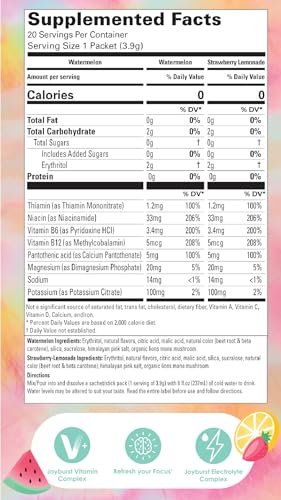 Joyburst Zuckerfreie Elektrolyte Pulverbeutel, Instant Hydration Drink Mix Sticks, Sortenpackung (10 Wassermelone, 10 Erdbeer-Limonade), zur Rehydrierung unterwegs, Bio, natürlich, keto-freundlich