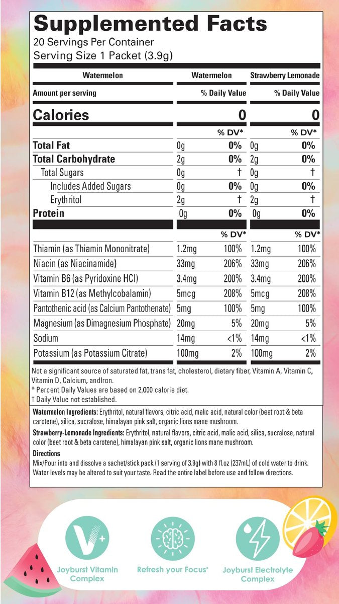 Joyburst Zuckerfreie Elektrolyte Pulverbeutel, Instant Hydration Drink Mix Sticks, Sortenpackung (10 Wassermelone, 10 Erdbeer-Limonade), zur Rehydrierung unterwegs, Bio, natürlich, keto-freundlich