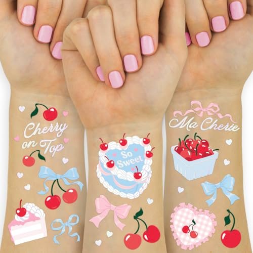 xo, Fetti Cherry Temporary Tattoos - 50 Iridescent Foil Stücke | Ma Chérie Baby Shower, Cherry on Top Junggesellinnenabschied Dekoration, Geburtstagsdeko, Kinder Picknick Tischdekoration
