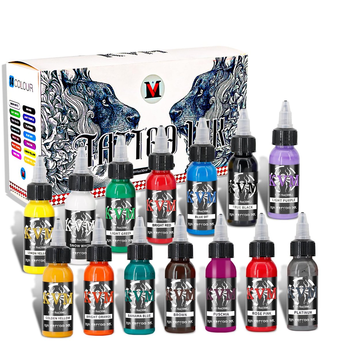 KVM Tattoo Tinten Set 14 Farben je 30ml – Hochwertige Tattoo Farbe für professionelle Studios mit geschmeidigem Fluss