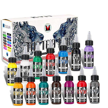KVM Tattoo Tinten Set 14 Farben je 30ml – Hochwertige Tattoo Farbe für professionelle Studios mit geschmeidigem Fluss