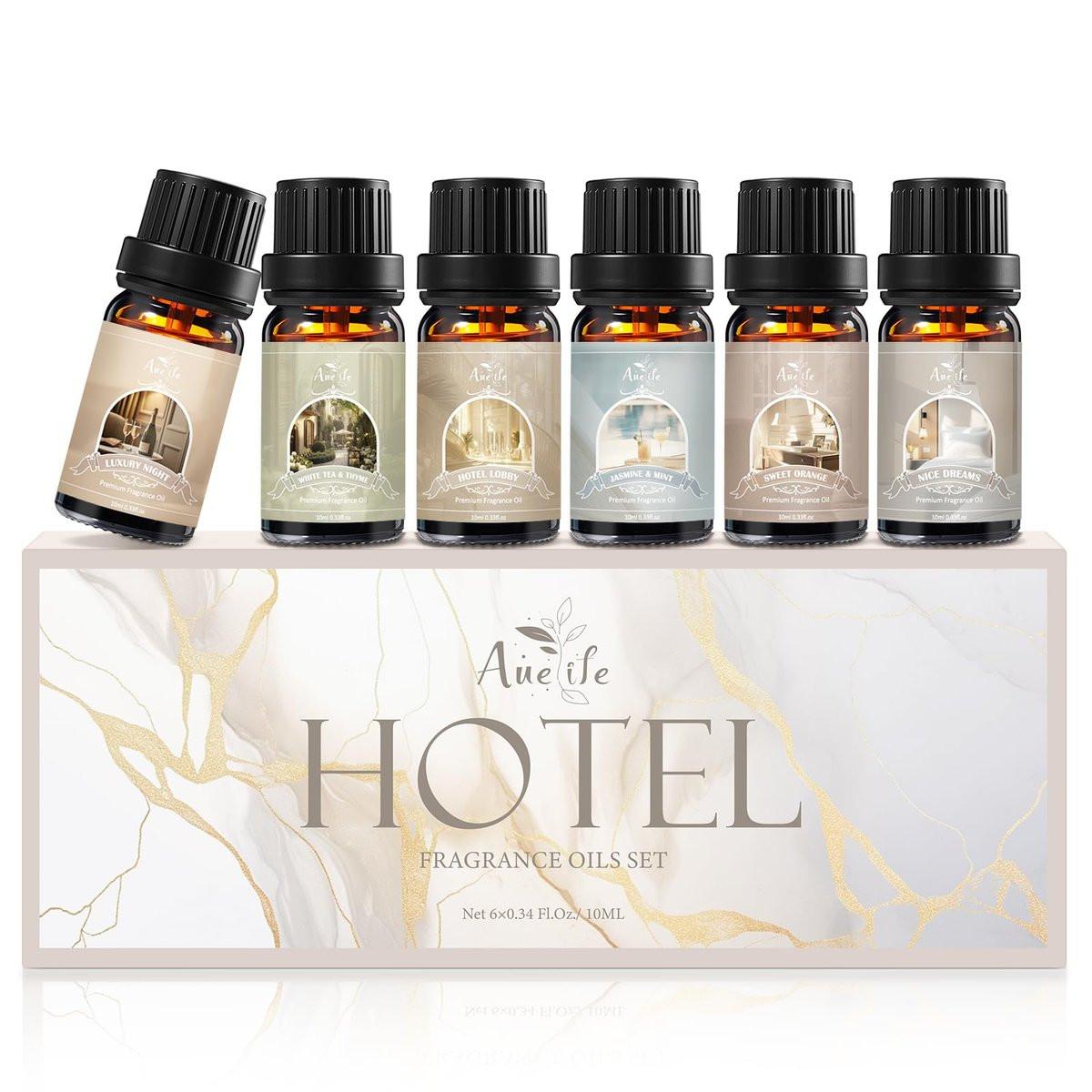 Auelife Hotel Collection Diffuser Öl Set – 6x10ml Luxuriöse Hotelduft Essentielle Öle für Diffuser – Duftöl Sortiment – Ideal für Zuhause, Spa, DIY Kerzenherstellung Geschenk