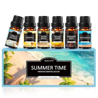 Sommerliche Duftöle für Diffuser, 6x10ml Aromatherapie-Öle Set – Kokosnuss, Ananas, Strand, Brise, Zitrone, Sommernacht | Geschenkset für Frauen, Zuhause, Spa
