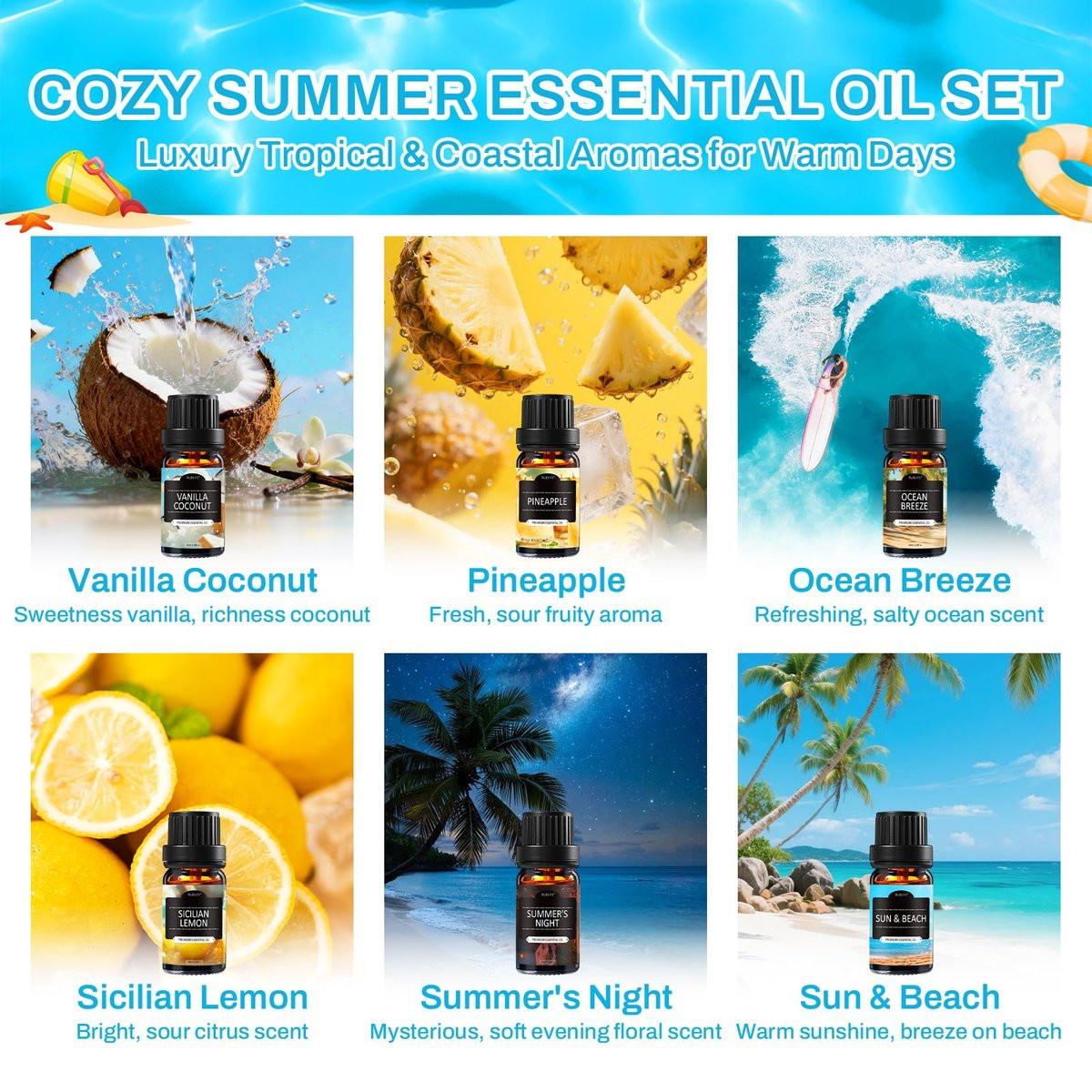 Sommerliche Duftöle für Diffuser, 6x10ml Aromatherapie-Öle Set – Kokosnuss, Ananas, Strand, Brise, Zitrone, Sommernacht | Geschenkset für Frauen, Zuhause, Spa
