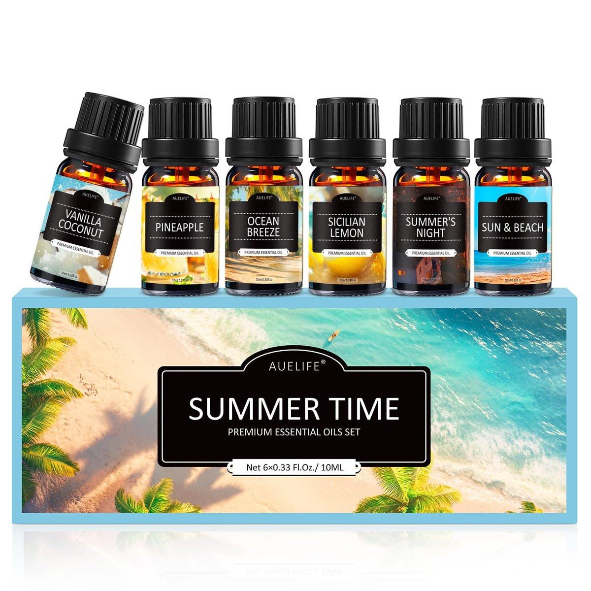 Sommerliche Duftöle für Diffuser, 6x10ml Aromatherapie-Öle Set – Kokosnuss, Ananas, Strand, Brise, Zitrone, Sommernacht | Geschenkset für Frauen, Zuhause, Spa