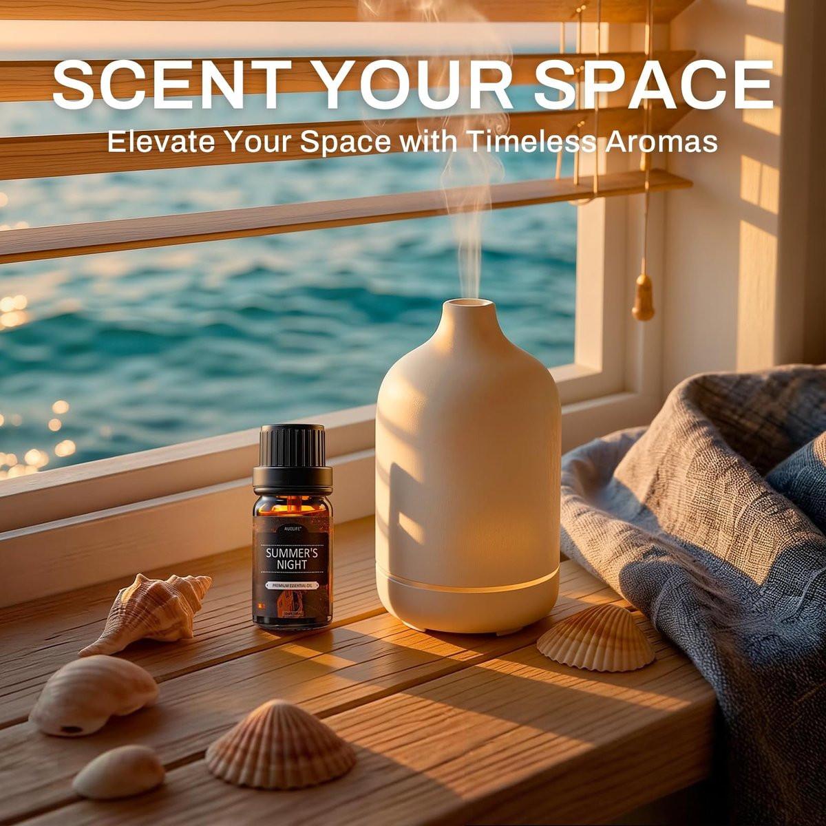 Sommerliche Duftöle für Diffuser, 6x10ml Aromatherapie-Öle Set – Kokosnuss, Ananas, Strand, Brise, Zitrone, Sommernacht | Geschenkset für Frauen, Zuhause, Spa