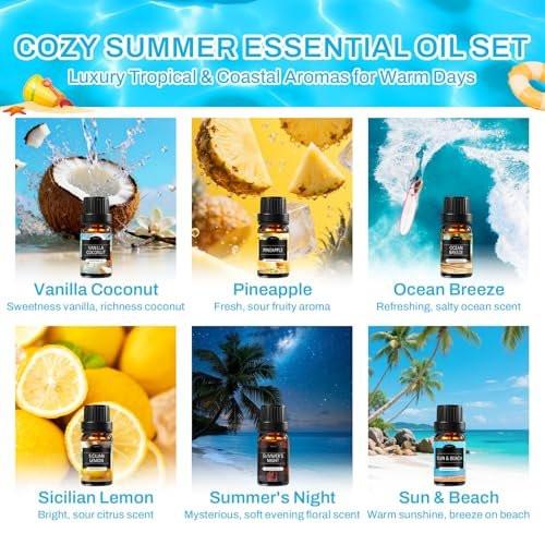 Sommerliche Duftöle für Diffuser, 6x10ml Aromatherapie-Öle Set – Kokosnuss, Ananas, Strand, Brise, Zitrone, Sommernacht | Geschenkset für Frauen, Zuhause, Spa
