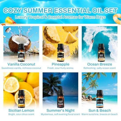Sommerliche Duftöle für Diffuser, 6x10ml Aromatherapie-Öle Set – Kokosnuss, Ananas, Strand, Brise, Zitrone, Sommernacht | Geschenkset für Frauen, Zuhause, Spa