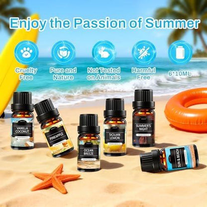 Sommerliche Duftöle für Diffuser, 6x10ml Aromatherapie-Öle Set – Kokosnuss, Ananas, Strand, Brise, Zitrone, Sommernacht | Geschenkset für Frauen, Zuhause, Spa