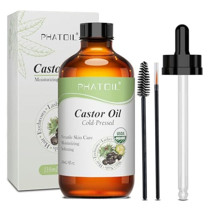 PHATOIL Bio Kaltgepresstes Rizinusöl, 118 ml Glasflasche, USDA Bio-zertifiziert, Reich an Omega-Fettsäuren, Ideal für Haarwachstum, Augenbrauen, Wimpern und Hautpflege