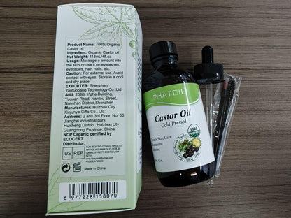 PHATOIL Bio Kaltgepresstes Rizinusöl, 118 ml Glasflasche, USDA Bio-zertifiziert, Reich an Omega-Fettsäuren, Ideal für Haarwachstum, Augenbrauen, Wimpern und Hautpflege