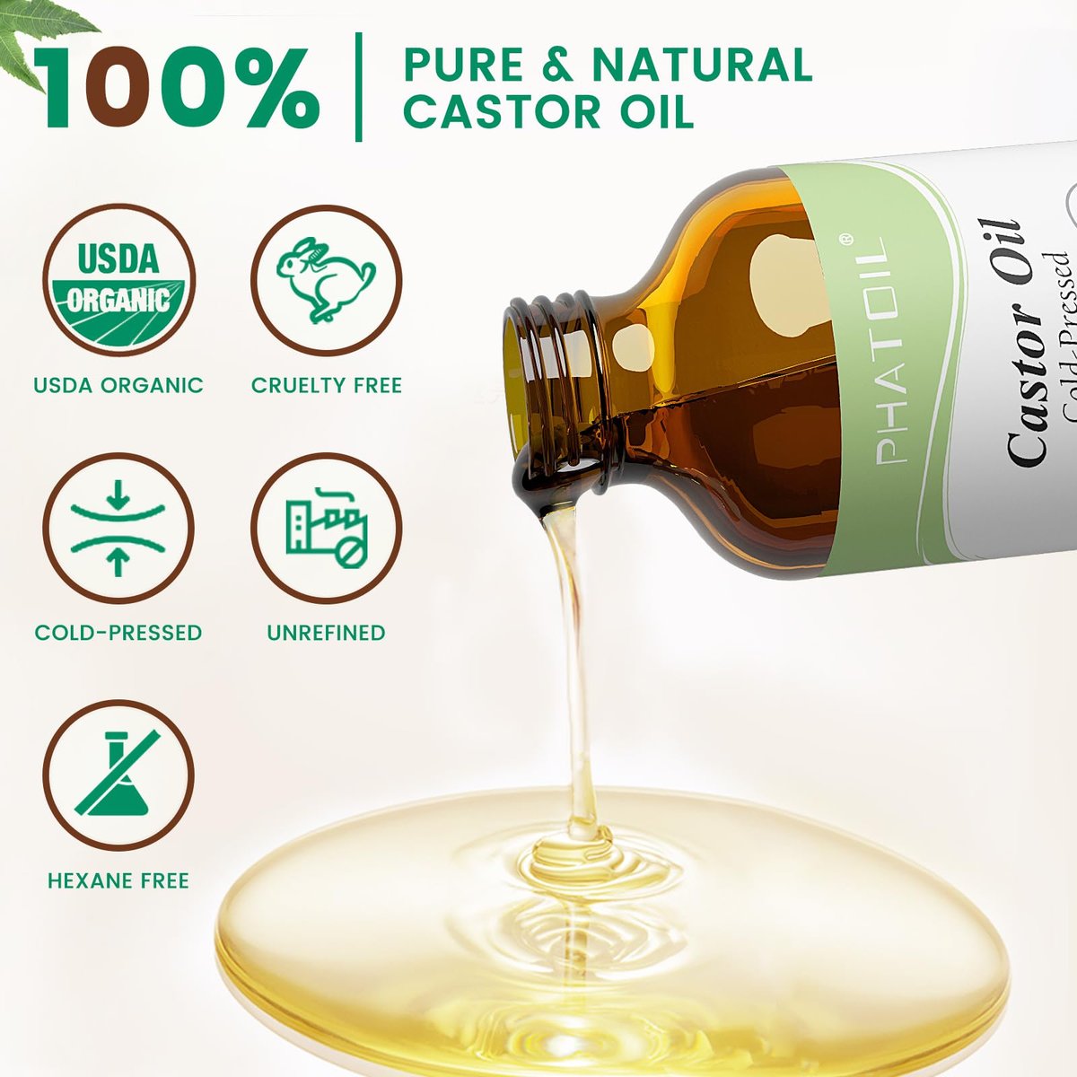 PHATOIL Bio Kaltgepresstes Rizinusöl, 118 ml Glasflasche, USDA Bio-zertifiziert, Reich an Omega-Fettsäuren, Ideal für Haarwachstum, Augenbrauen, Wimpern und Hautpflege
