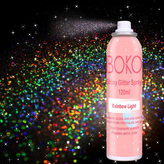 Boko Body Glitter Spray 120ml – Holografischer Silber-Glitzer-Spray für Körper, Haare & Kleidung – Schnelltrocknend & Langhaftend – Festival, Party, Konzert & Rave Accessoire