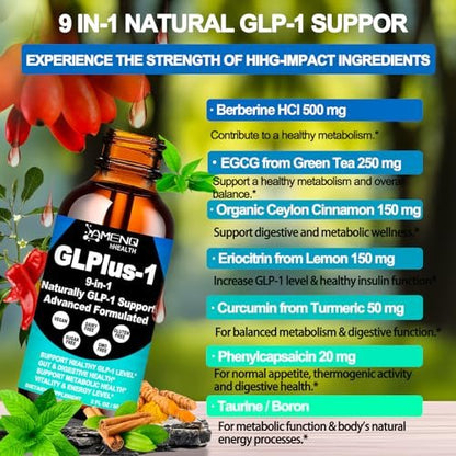 GLP-1 Metabolic Support Supplement, 9-in-1 GLP Booster Natural Formula für Frauen & Männer, GLP1 tägliche orale Flüssigkeit mit Berberin HCI, Ceylon Zimt | Unterstützt Verdauung und allgemeine Gesundheit | Vegan, ohne Gentechnik