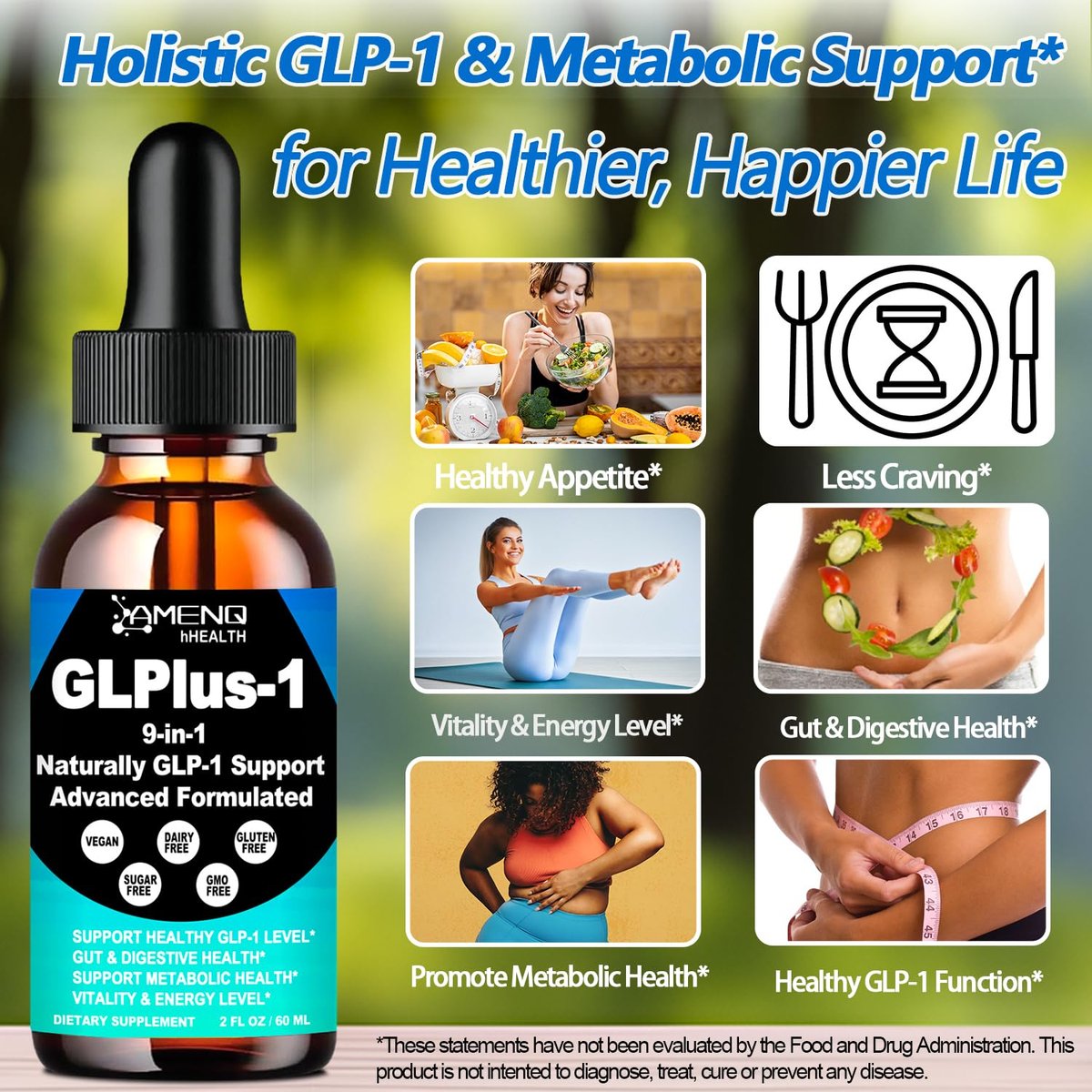 GLP-1 Metabolic Support Supplement, 9-in-1 GLP Booster Natural Formula für Frauen & Männer, GLP1 tägliche orale Flüssigkeit mit Berberin HCI, Ceylon Zimt | Unterstützt Verdauung und allgemeine Gesundheit | Vegan, ohne Gentechnik