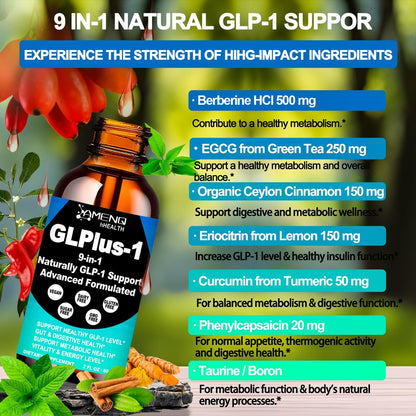 GLP-1 Metabolic Support Supplement, 9-in-1 GLP Booster Natural Formula für Frauen & Männer, GLP1 tägliche orale Flüssigkeit mit Berberin HCI, Ceylon Zimt | Unterstützt Verdauung und allgemeine Gesundheit | Vegan, ohne Gentechnik