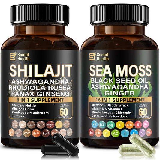 Irish Sea Moss & Shilajit Bundle – Natürliche Energie, Schlafunterstützung & Haarwachstum mit Schwarzkümmelöl, Ashwagandha, Ingwer, Rhodiola Rosea, Vitamin C & D für Männer und Frauen – All-in-1 Nahrungsergänzungsmittel