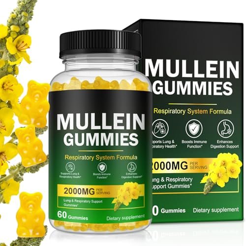 Ruduwu Mullein Gummies für Lung Detox – 2000mg Mulleinblattextrakt für Atemwegs-, Verdauungs- und Immununterstützung mit Quercetin, Bromelain, Holunder & Eibisch – Vegan, 60 Gummis