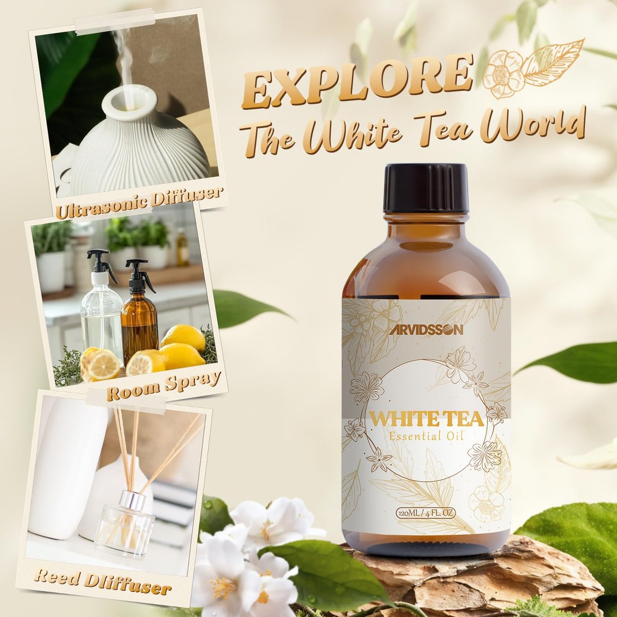 Weißer Tee Ätherisches Öl 4 Fl Oz (120ml) - Reines und natürliches Duftöl, Weißer Tee Öl für Diffusoren, Kerzenherstellung, Raumspray-Diffusoröl für Zuhause, Aromatherapie-Duftöl Geschenk für Frauen