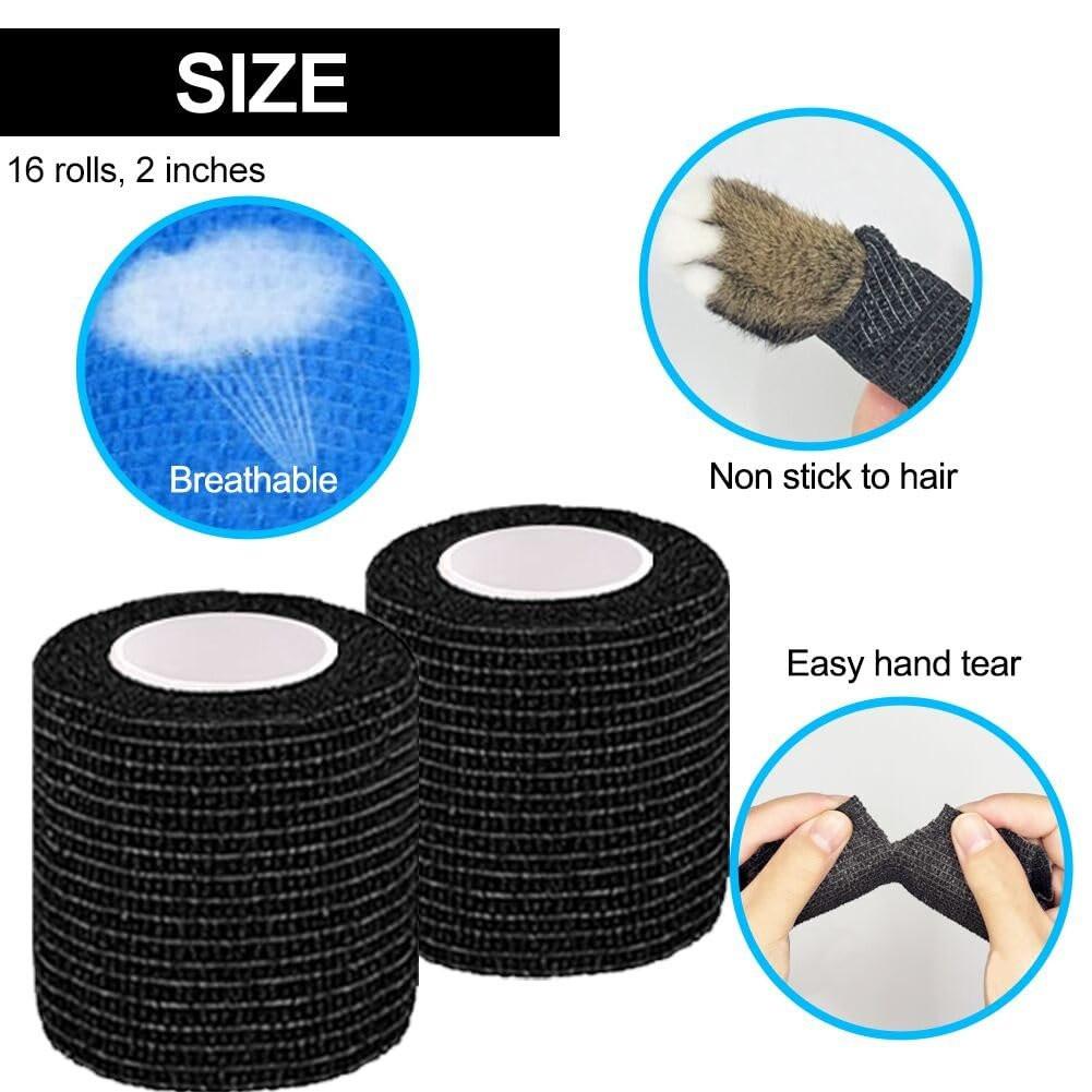 Clooflar 16er-Pack Selbstklebende elastische Bandage, 2" x 5 Yards Schwarz – Sportbandage für Handgelenk, Knöchel und Tierpflege, Griffband