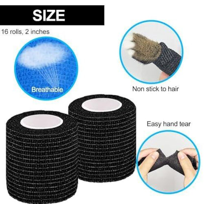 Clooflar 16er-Pack Selbstklebende elastische Bandage, 2" x 5 Yards Schwarz – Sportbandage für Handgelenk, Knöchel und Tierpflege, Griffband