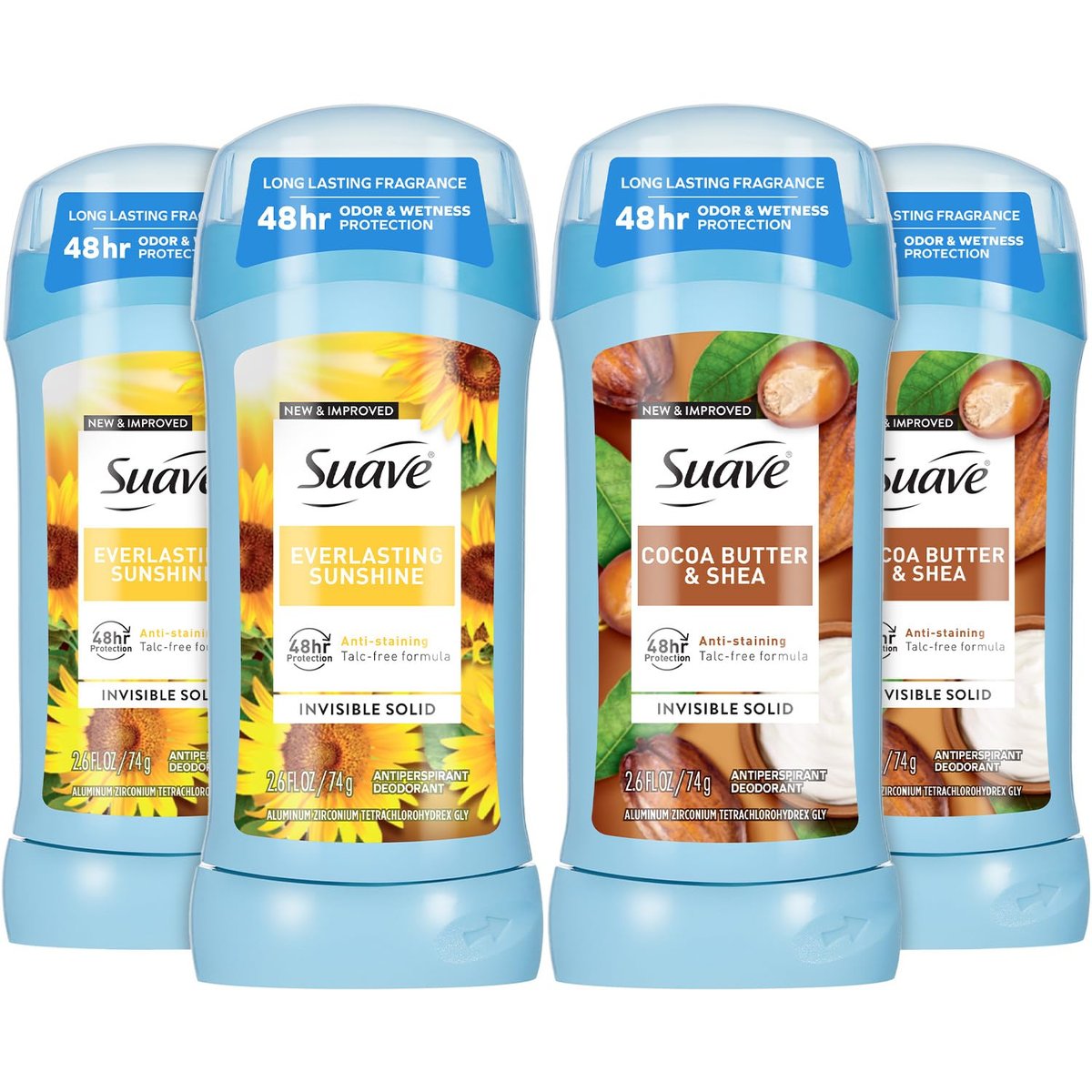 Suave Antitranspirant-Deodorant für Damen Variety 4er-Pack – Kakaobutter & Shea + Everlasting Sunshine, fleckschutz Invisible Solid, talkumfrei, 76 g pro Stück