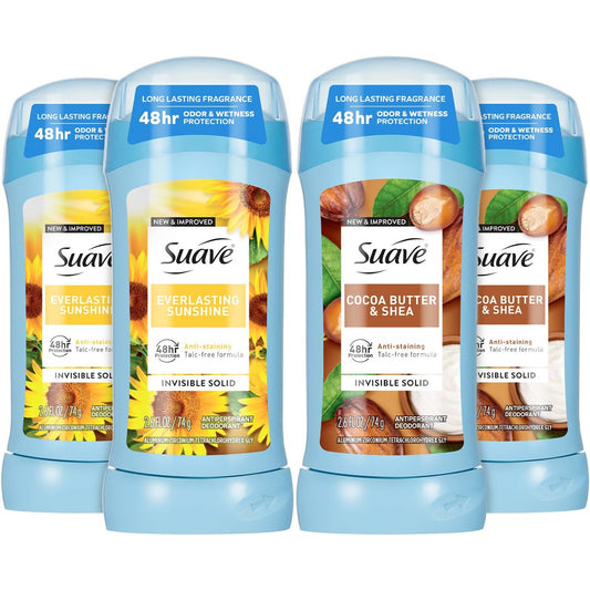Suave Antitranspirant-Deodorant für Damen Variety 4er-Pack – Kakaobutter & Shea + Everlasting Sunshine, fleckschutz Invisible Solid, talkumfrei, 76 g pro Stück